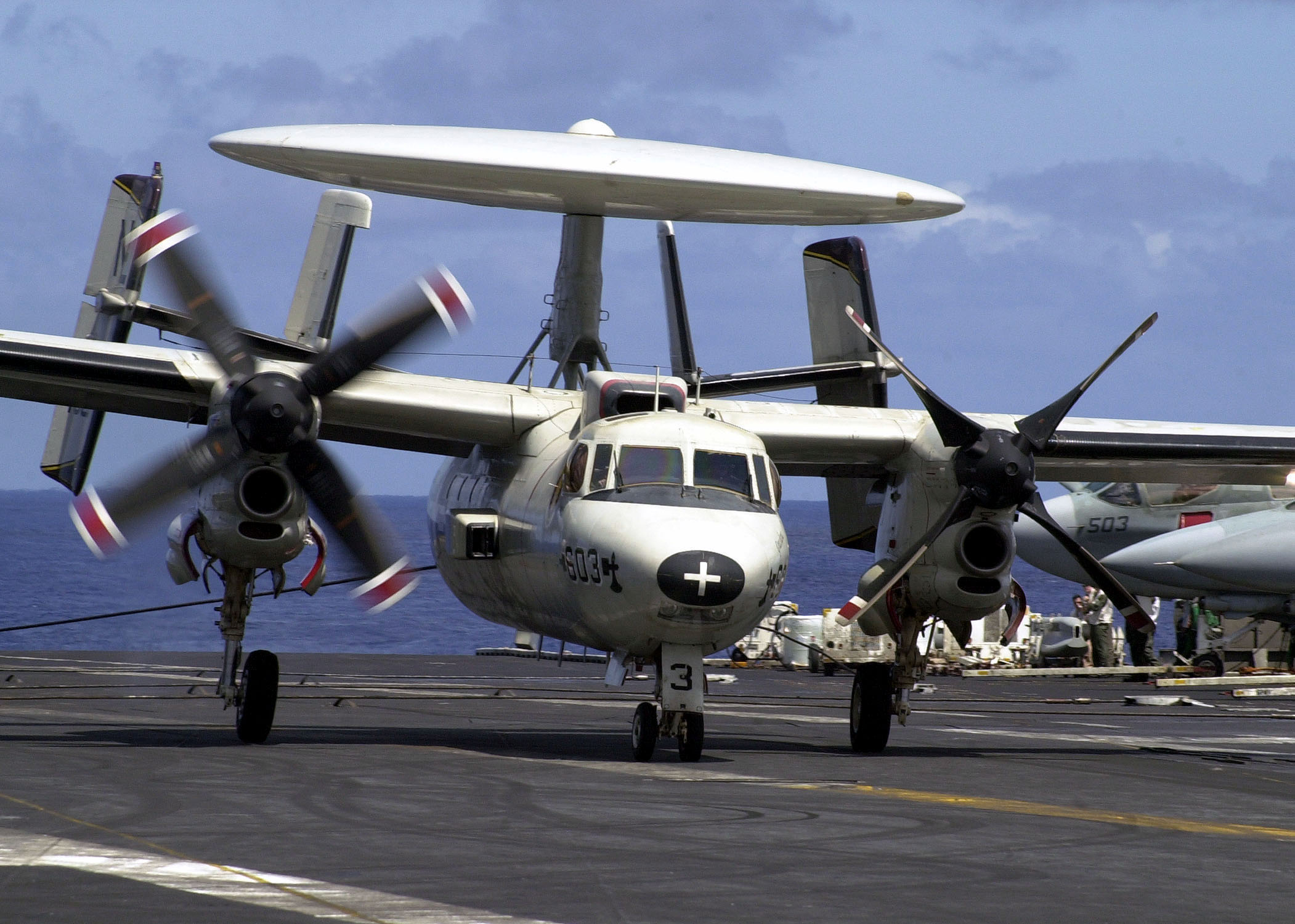 US_Navy_030528-N-0295M-018_An_E-2C_Hawkeye_assigned_to_the_%22Sunkings%22_of_Carrier_Airborne_Early_Warning_Squadron_One_One_Six_%28VAW-116%29_successfully_lands_aboard_the_aircraft_carrier_USS_Constellation_%28CV_64%29_with_o.jpg