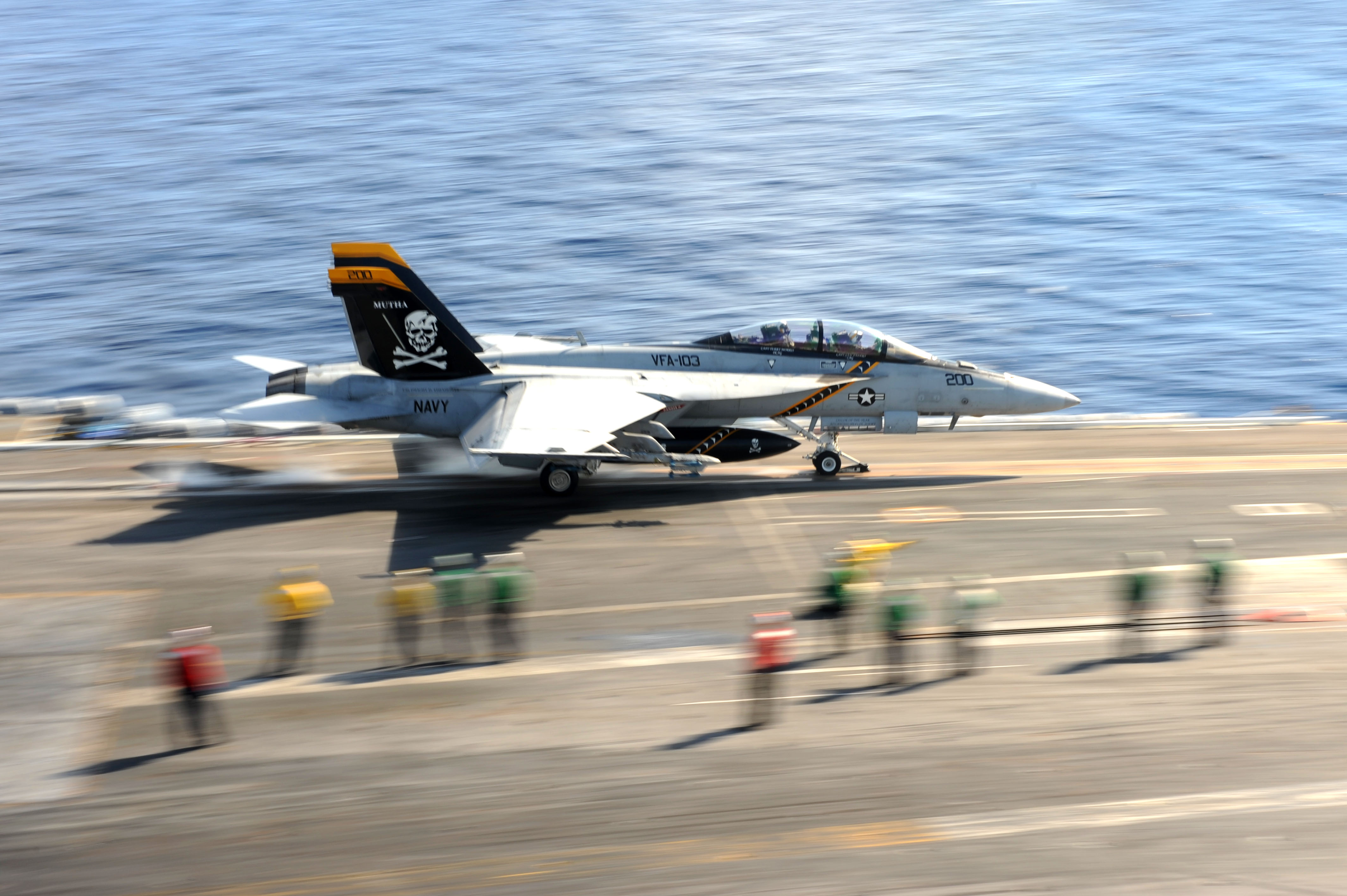 US_Navy_111017-N-AU622-089_An_F-A-18F_Super_Hornet_assigned_to_the_Jolly_Rogers_of_Strike_Fighter_Squadron_(VFA)_103_launches_from_the_flight_deck.jpg